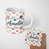 Personalized Custom Name Abstract Vintage Paint Dot Texture Pastel Circle Seamless Pattern 11oz Ceramic Coffee Tea Mug White Large Handle