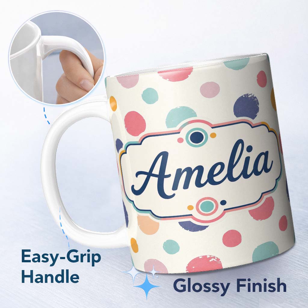 Personalized Custom Name Abstract Vintage Paint Dot Texture Pastel Circle Seamless Pattern 11oz Ceramic Coffee Tea Mug White Large Handle