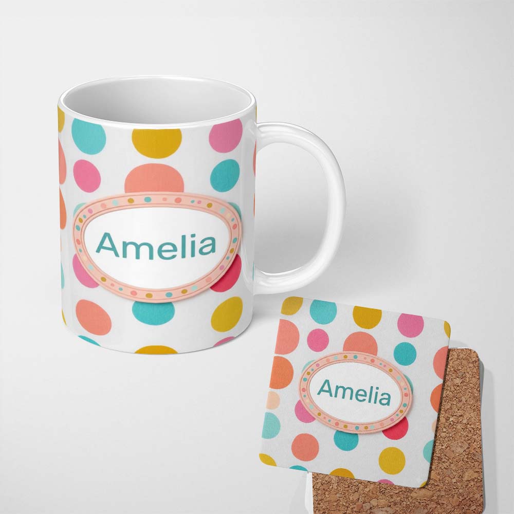 Personalized Custom Name Abstract Colorful Polka Dot Minimal Pastel Shapes Seamless Pattern 11oz Ceramic Coffee Tea Mug White Large Handle