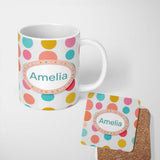 Personalized Custom Name Abstract Colorful Polka Dot Minimal Pastel Shapes Seamless Pattern 11oz Ceramic Coffee Tea Mug White Large Handle