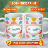 Personalized Custom Name Abstract Colorful Polka Dot Minimal Pastel Shapes Seamless Pattern 11oz Ceramic Coffee Tea Mug White Large Handle