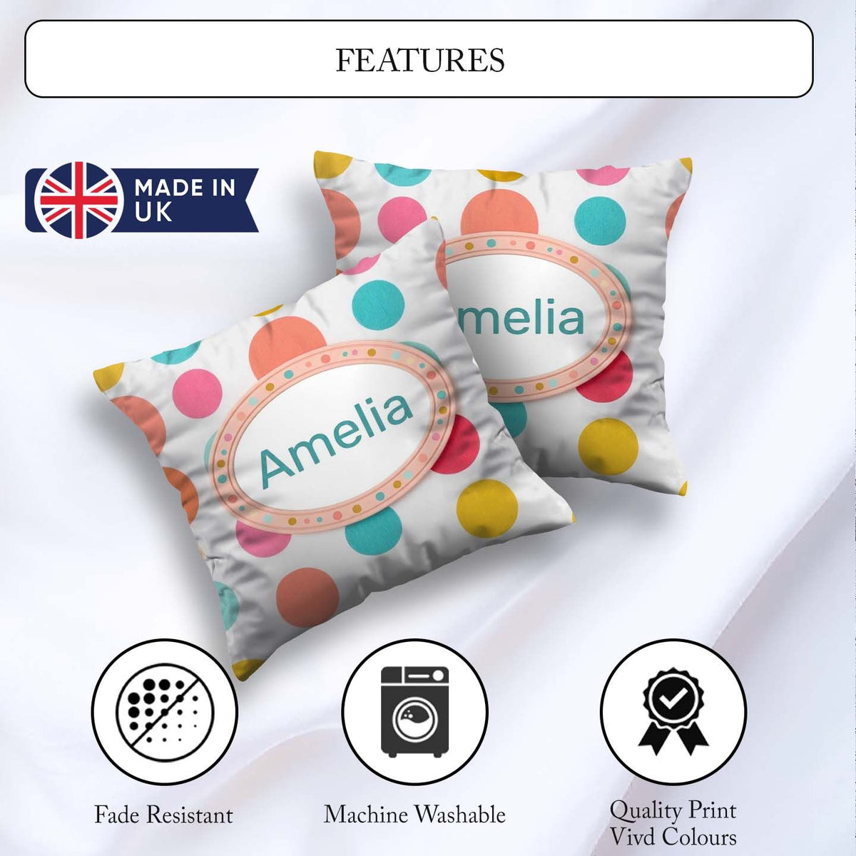 Custom Name Abstract Colorful Dot Minimal Pastel Shapes Seamless Square Filled Cushion Throw Pillow Sofa Bed Home Decor Zip Washable UK Made