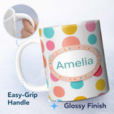 Personalized Custom Name Abstract Colorful Polka Dot Minimal Pastel Shapes Seamless Pattern 11oz Ceramic Coffee Tea Mug White Large Handle