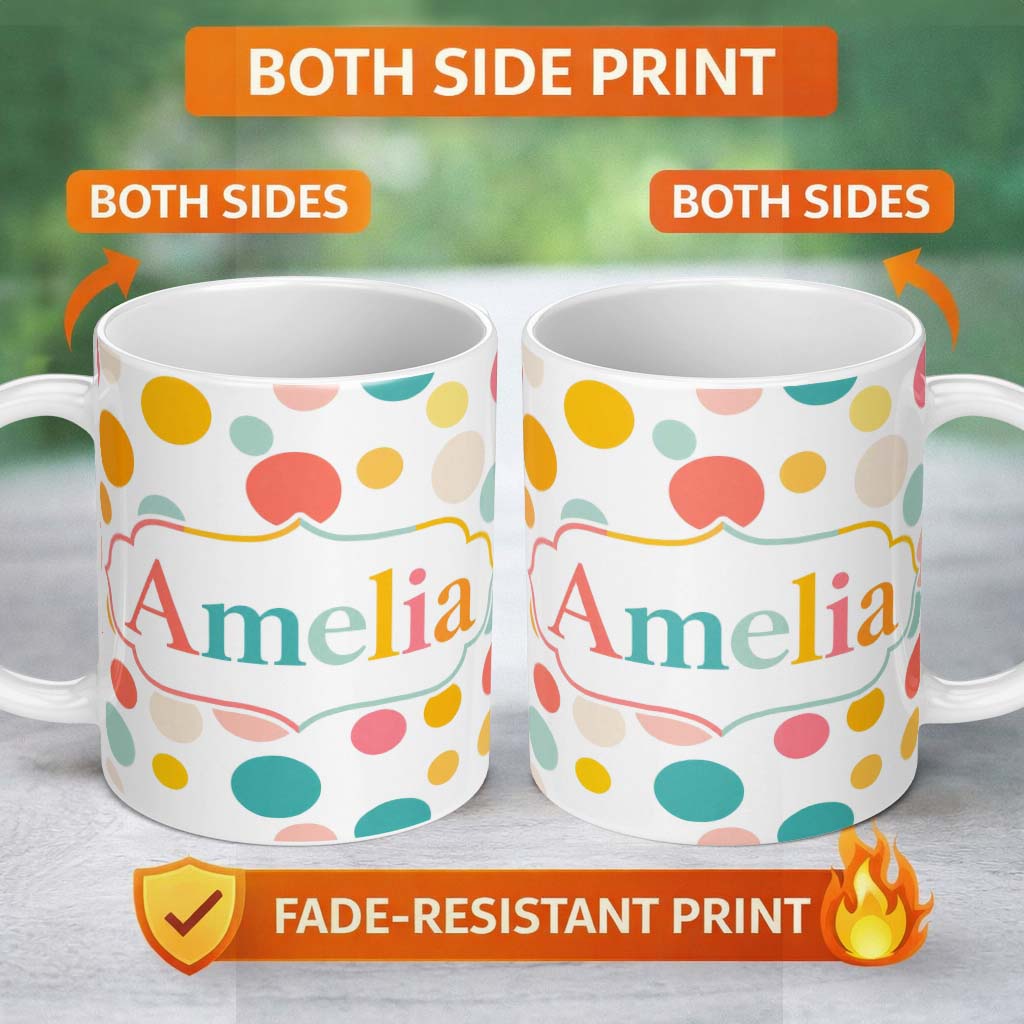 Personalized Custom Name Abstract Pastel Polka Dot Soft Colorful Minimal Seamless Pattern 11oz Ceramic Coffee Tea Mug White Large Handle