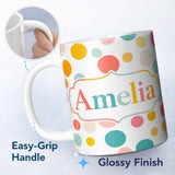 Personalized Custom Name Abstract Pastel Polka Dot Soft Colorful Minimal Seamless Pattern 11oz Ceramic Coffee Tea Mug White Large Handle