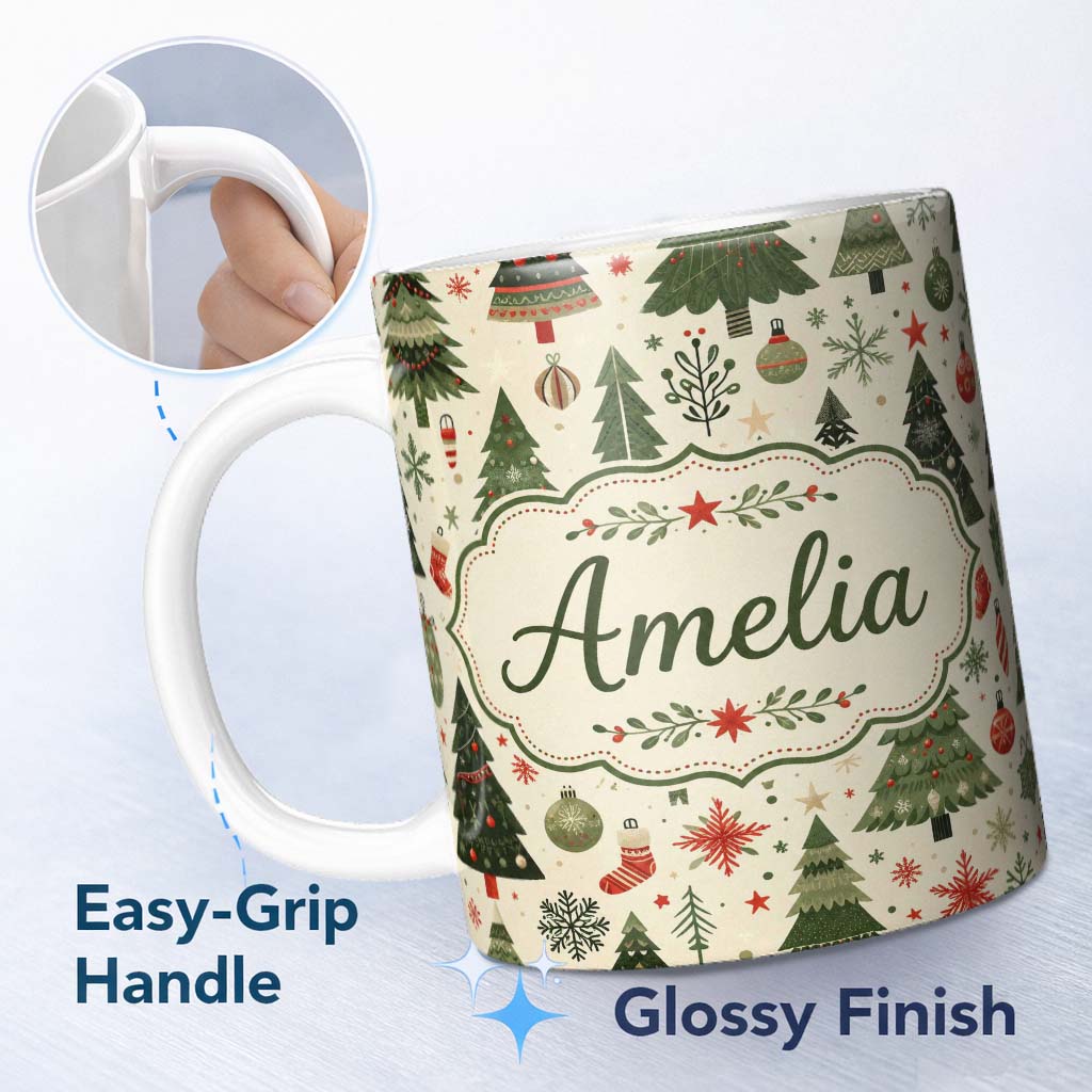 Personalized Custom Name Classic Christmas Tree Illustrations with Baubles Snowflakes and 11oz Ceramic Coffee Tea Mug White Large Handle