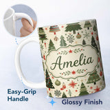 Personalized Custom Name Classic Christmas Tree Illustrations with Baubles Snowflakes and 11oz Ceramic Coffee Tea Mug White Large Handle
