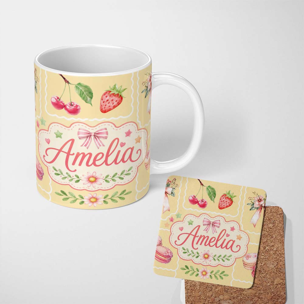Personalized Custom Name Cute Watercolor Cherry Strawberry Ribbon Bow Macaron Frame Yellow 11oz Ceramic Coffee Tea Mug White Large Handle