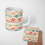 Personalized Custom Name Abstract Layered Wavy Lines Soft Pastel Flowing Seamless Pattern 11oz Ceramic Coffee Tea Mug White Large Handle
