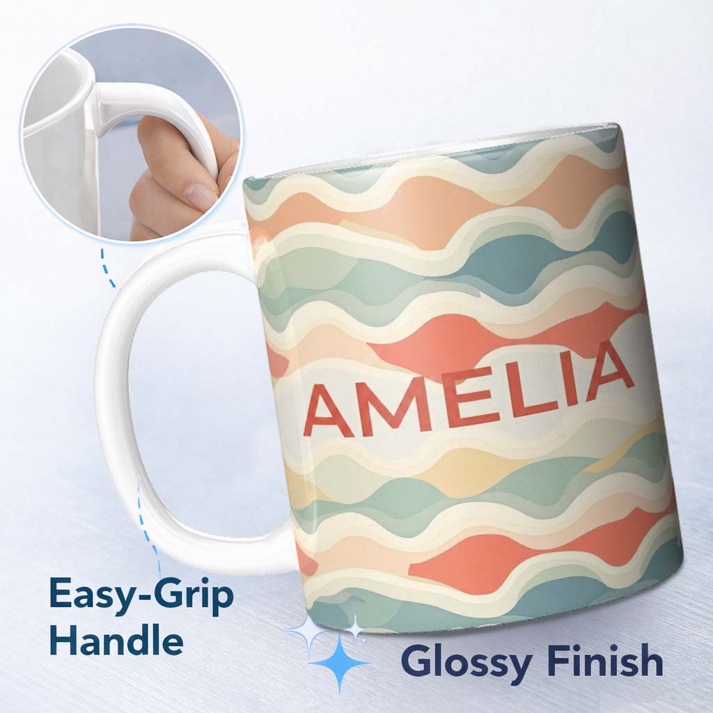 Personalized Custom Name Abstract Layered Wavy Lines Soft Pastel Flowing Seamless Pattern 11oz Ceramic Coffee Tea Mug White Large Handle