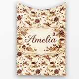 Coffee Cup Beans Botanical Vintage Seamless Pattern Cute Unique Gift  Personalised Custom Name Super Soft Fleece Blanket Bed Sofa Throw