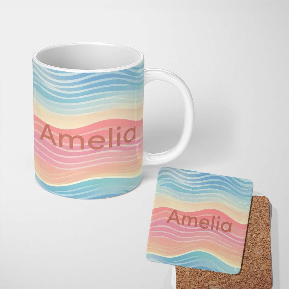 Personalized Custom Name Abstract Soft Gradient Wave Lines Pastel Flow Seamless Pattern Name 11oz Ceramic Coffee Tea Mug White Large Handle