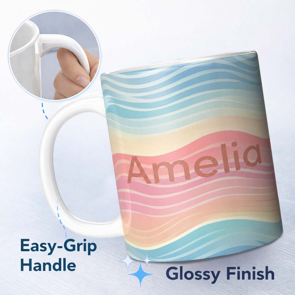 Personalized Custom Name Abstract Soft Gradient Wave Lines Pastel Flow Seamless Pattern Name 11oz Ceramic Coffee Tea Mug White Large Handle