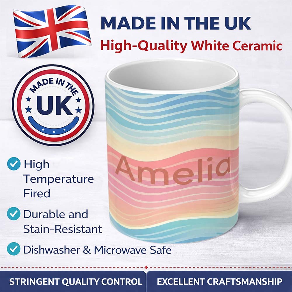 Personalized Custom Name Abstract Soft Gradient Wave Lines Pastel Flow Seamless Pattern Name 11oz Ceramic Coffee Tea Mug White Large Handle