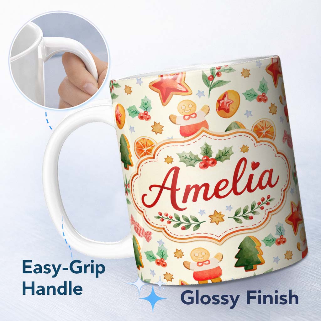 Personalized Custom Name Festive Christmas Cookies Gingerbread Orange Slices Seamless Pattern 11oz Ceramic Coffee Tea Mug White Large Handle