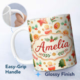Personalized Custom Name Festive Christmas Cookies Gingerbread Orange Slices Seamless Pattern 11oz Ceramic Coffee Tea Mug White Large Handle