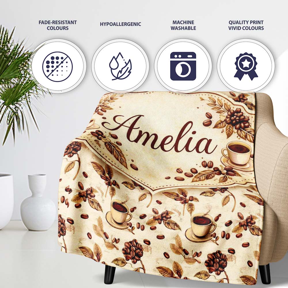 Coffee Cup Beans Botanical Vintage Seamless Pattern Cute Unique Gift  Personalised Custom Name Super Soft Fleece Blanket Bed Sofa Throw