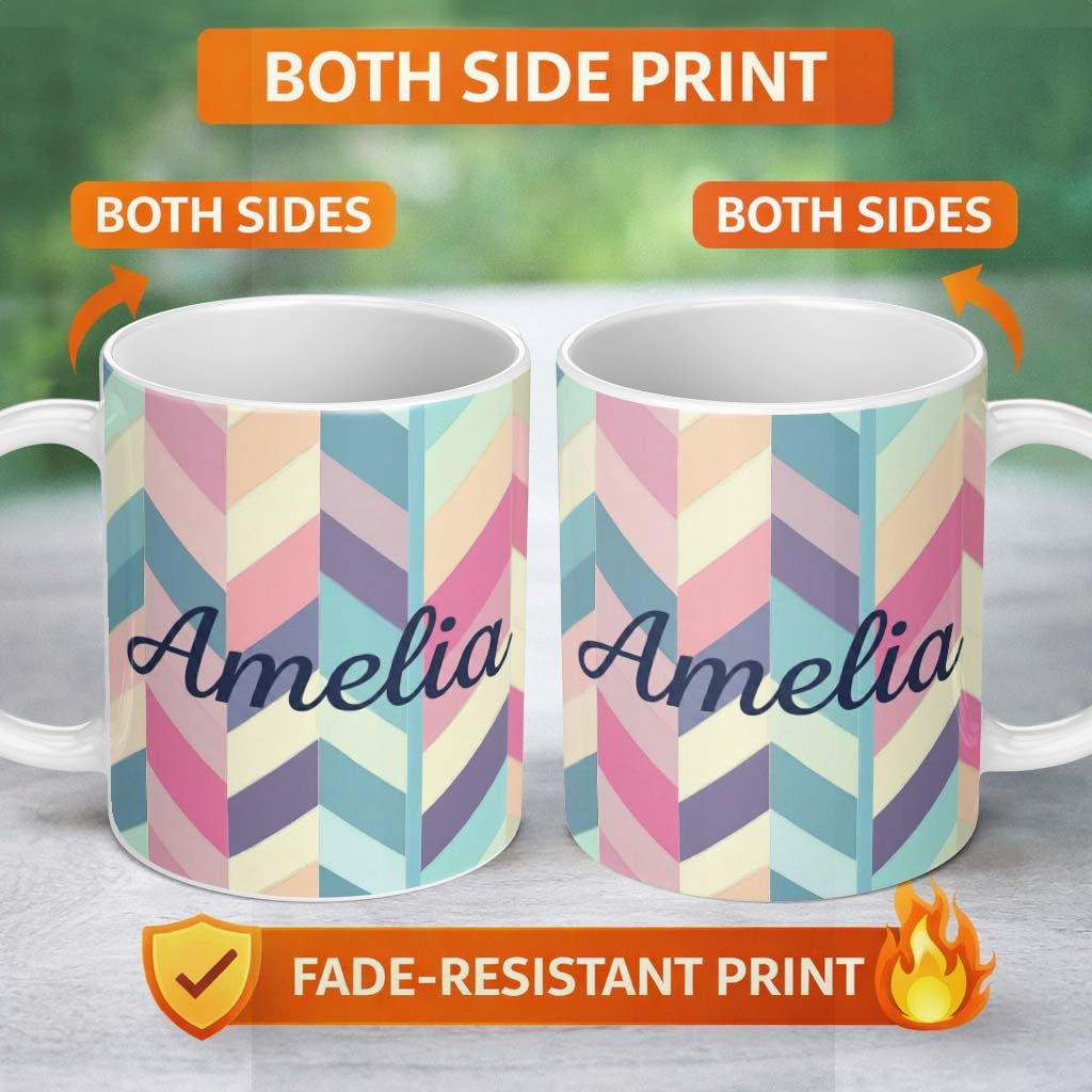 Personalized Custom Name Abstract Pastel Chevron Geometric Soft Angled Shapes Seamless 11oz Ceramic Coffee Tea Mug White Large Handle