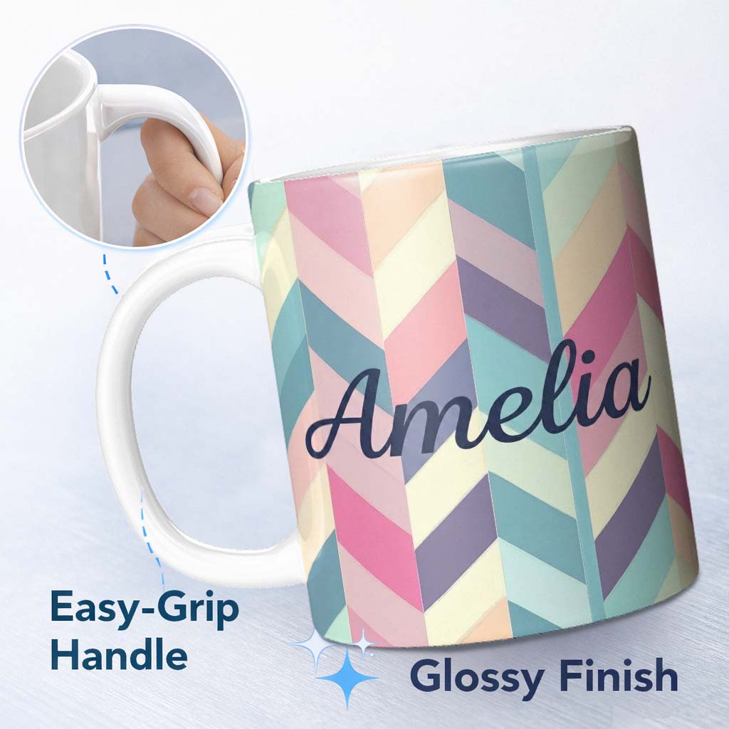 Personalized Custom Name Abstract Pastel Chevron Geometric Soft Angled Shapes Seamless 11oz Ceramic Coffee Tea Mug White Large Handle