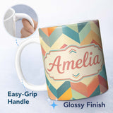 Personalized Custom Name Abstract Bold Chevron Pattern Colorful Zigzag Seamless Name Cute 11oz Ceramic Coffee Tea Mug White Large Handle