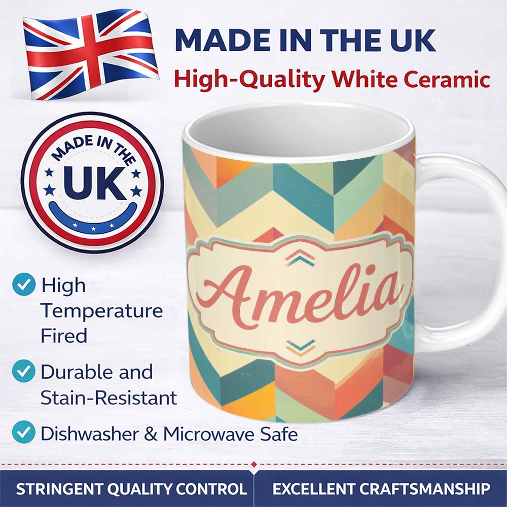 Personalized Custom Name Abstract Bold Chevron Pattern Colorful Zigzag Seamless Name Cute 11oz Ceramic Coffee Tea Mug White Large Handle