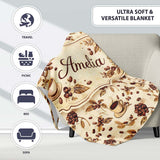 Coffee Cup Beans Botanical Vintage Seamless Pattern Cute Unique Gift  Personalised Custom Name Super Soft Fleece Blanket Bed Sofa Throw