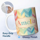 Personalized Custom Name Abstract Multicolor Chevron Stripe Soft Pastel Zigzag Seamless 11oz Ceramic Coffee Tea Mug White Large Handle