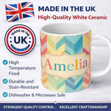 Personalized Custom Name Abstract Multicolor Chevron Stripe Soft Pastel Zigzag Seamless 11oz Ceramic Coffee Tea Mug White Large Handle