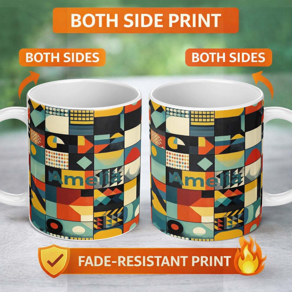 Personalized Custom Name Abstract Modern Bauhaus Geometric Grid Color Block Seamless Pattern 11oz Ceramic Coffee Tea Mug White Large Handle