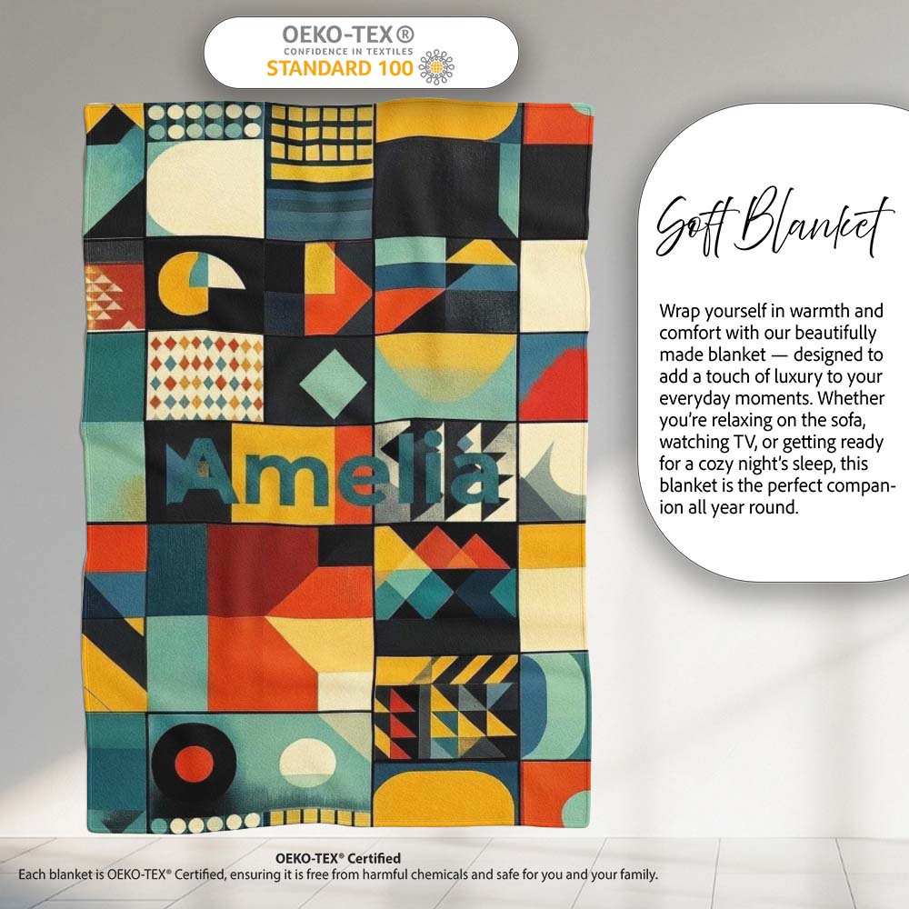 Abstract Modern Bauhaus Geometric Grid Color Block Seamless Pattern  Personalised Custom Name Super Soft Fleece Blanket Bed Sofa Throw