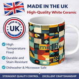 Personalized Custom Name Abstract Modern Bauhaus Geometric Grid Color Block Seamless Pattern 11oz Ceramic Coffee Tea Mug White Large Handle