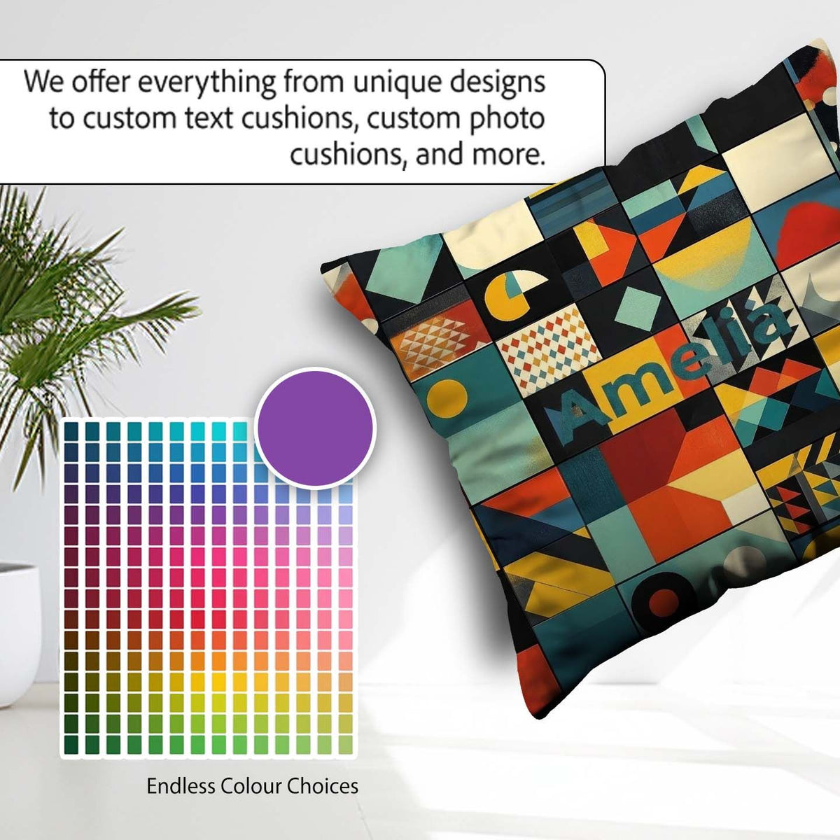 Custom Name Abstract Bauhaus Geometric Grid Color Block Seamless Square Filled Cushion Throw Pillow Sofa Bed Home Decor Zip Washable UK Made