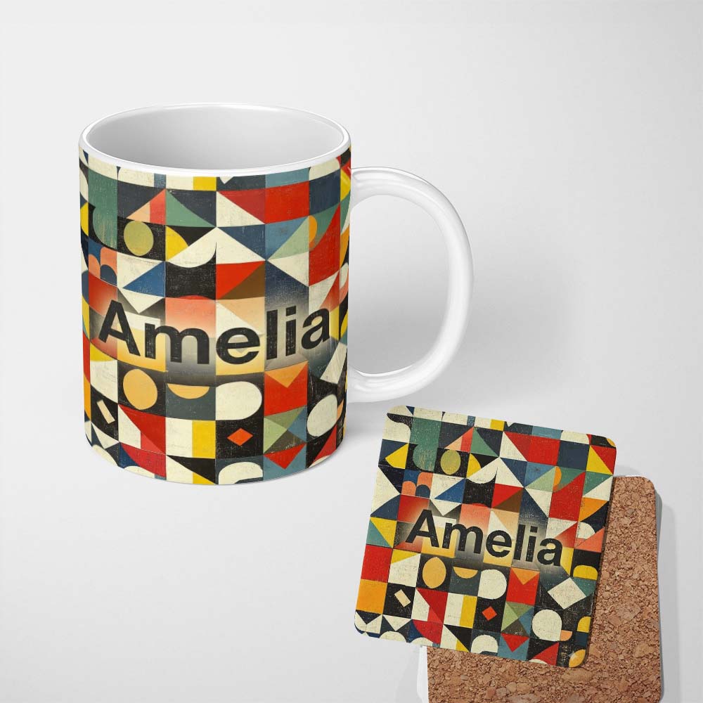 Personalized Custom Name Abstract Geometric Patchwork Shapes Vintage Texture Seamless 11oz Ceramic Coffee Tea Mug White Large Handle