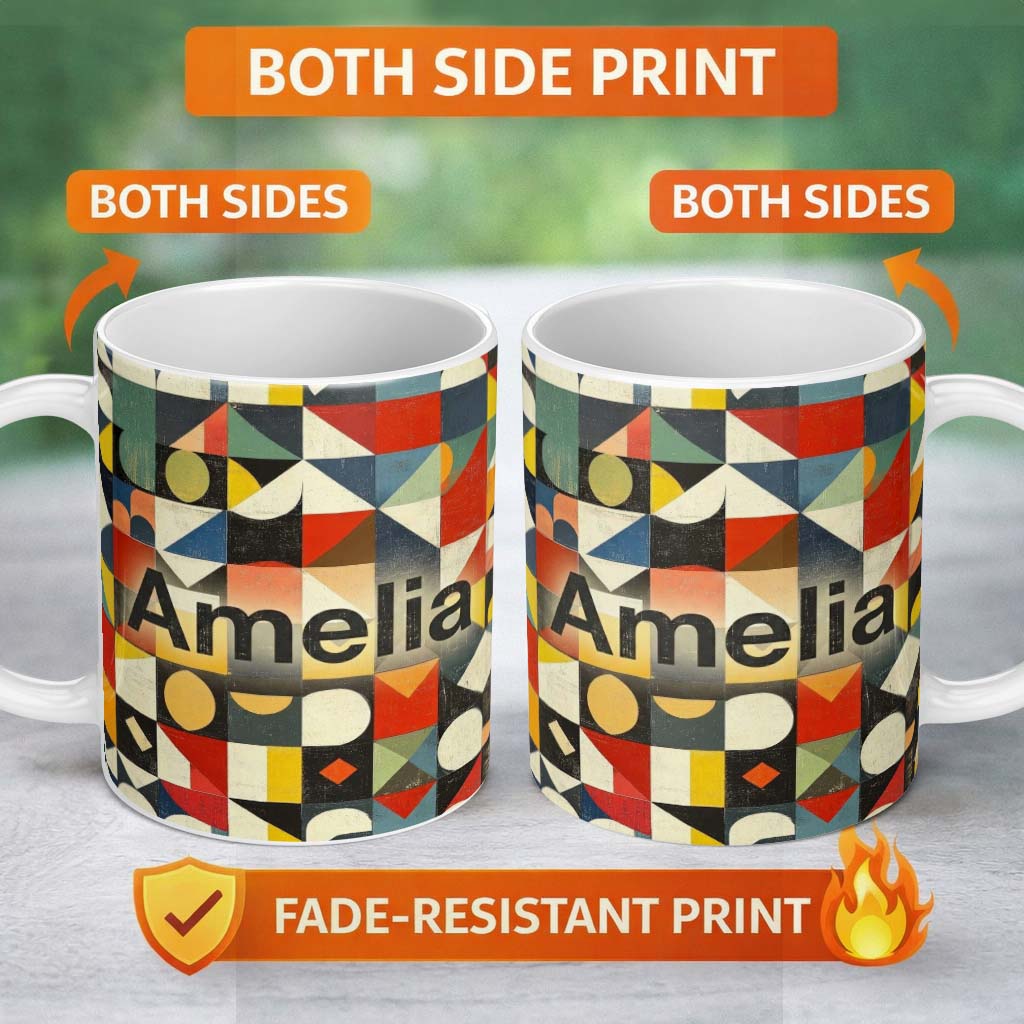 Personalized Custom Name Abstract Geometric Patchwork Shapes Vintage Texture Seamless 11oz Ceramic Coffee Tea Mug White Large Handle