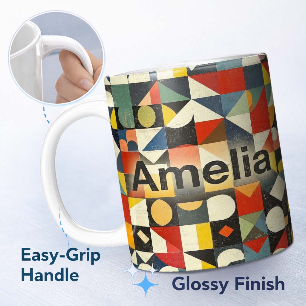 Personalized Custom Name Abstract Geometric Patchwork Shapes Vintage Texture Seamless 11oz Ceramic Coffee Tea Mug White Large Handle