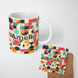 Personalized Custom Name Abstract Bauhaus Geometric Color Block Grid Seamless Pattern Name 11oz Ceramic Coffee Tea Mug White Large Handle