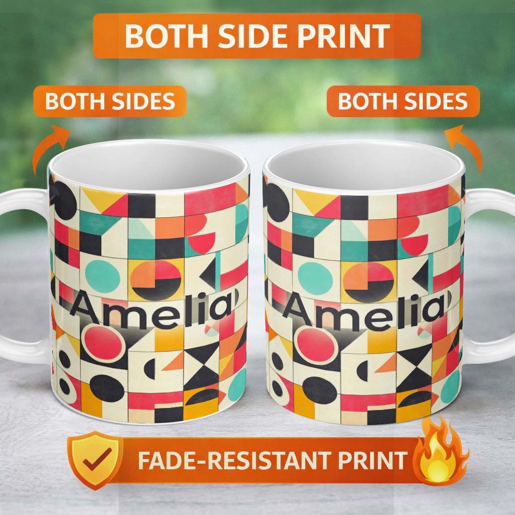 Personalized Custom Name Abstract Bauhaus Geometric Color Block Grid Seamless Pattern Name 11oz Ceramic Coffee Tea Mug White Large Handle
