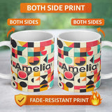 Personalized Custom Name Abstract Bauhaus Geometric Color Block Grid Seamless Pattern Name 11oz Ceramic Coffee Tea Mug White Large Handle