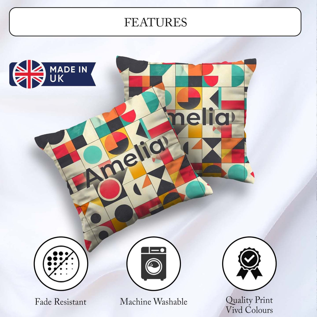 Custom Name Abstract Bauhaus Geometric Color Block Grid Seamless Square Filled Cushion Throw Pillow Sofa Bed Home Decor Zip Washable UK Made
