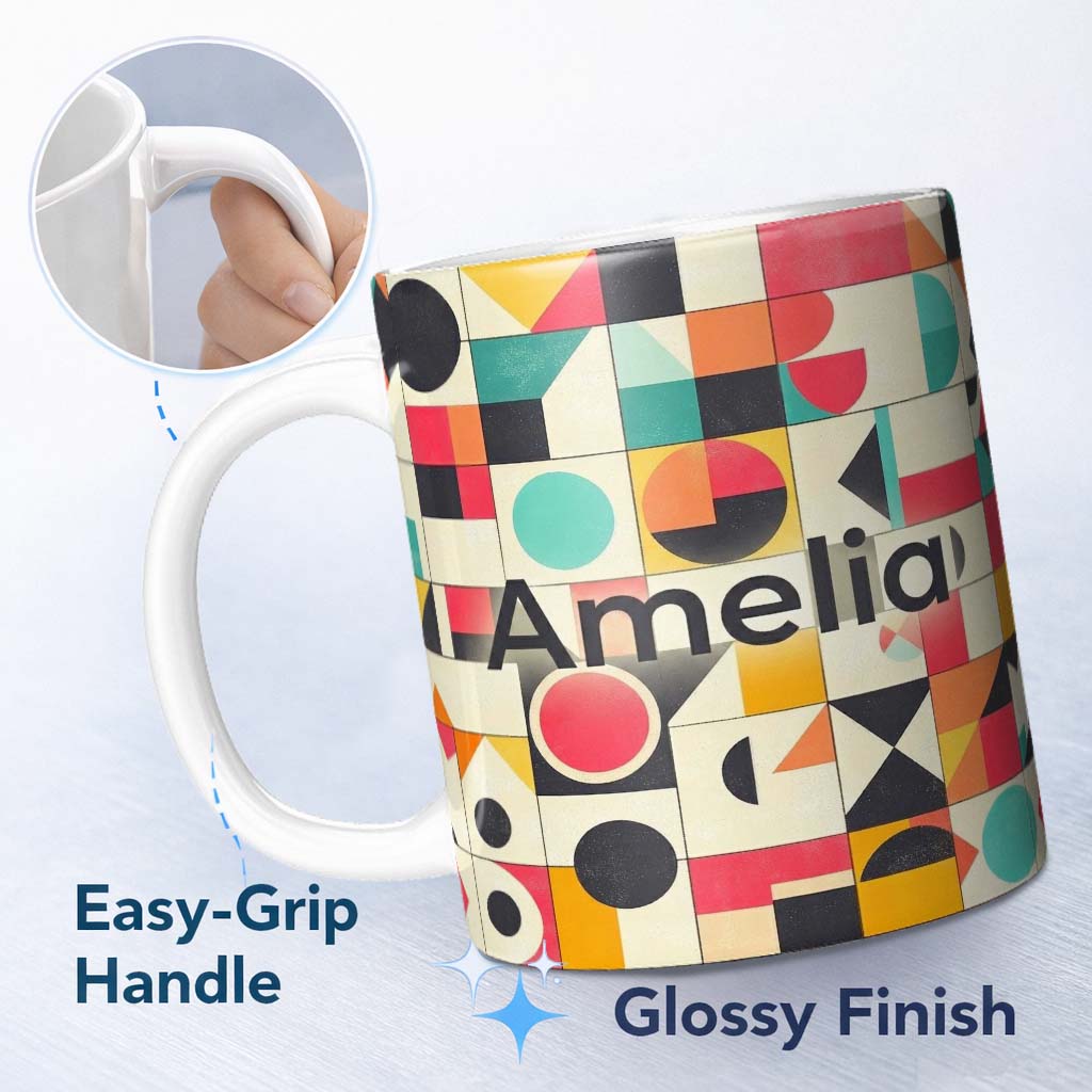 Personalized Custom Name Abstract Bauhaus Geometric Color Block Grid Seamless Pattern Name 11oz Ceramic Coffee Tea Mug White Large Handle