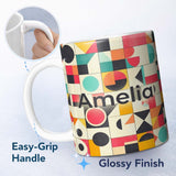 Personalized Custom Name Abstract Bauhaus Geometric Color Block Grid Seamless Pattern Name 11oz Ceramic Coffee Tea Mug White Large Handle