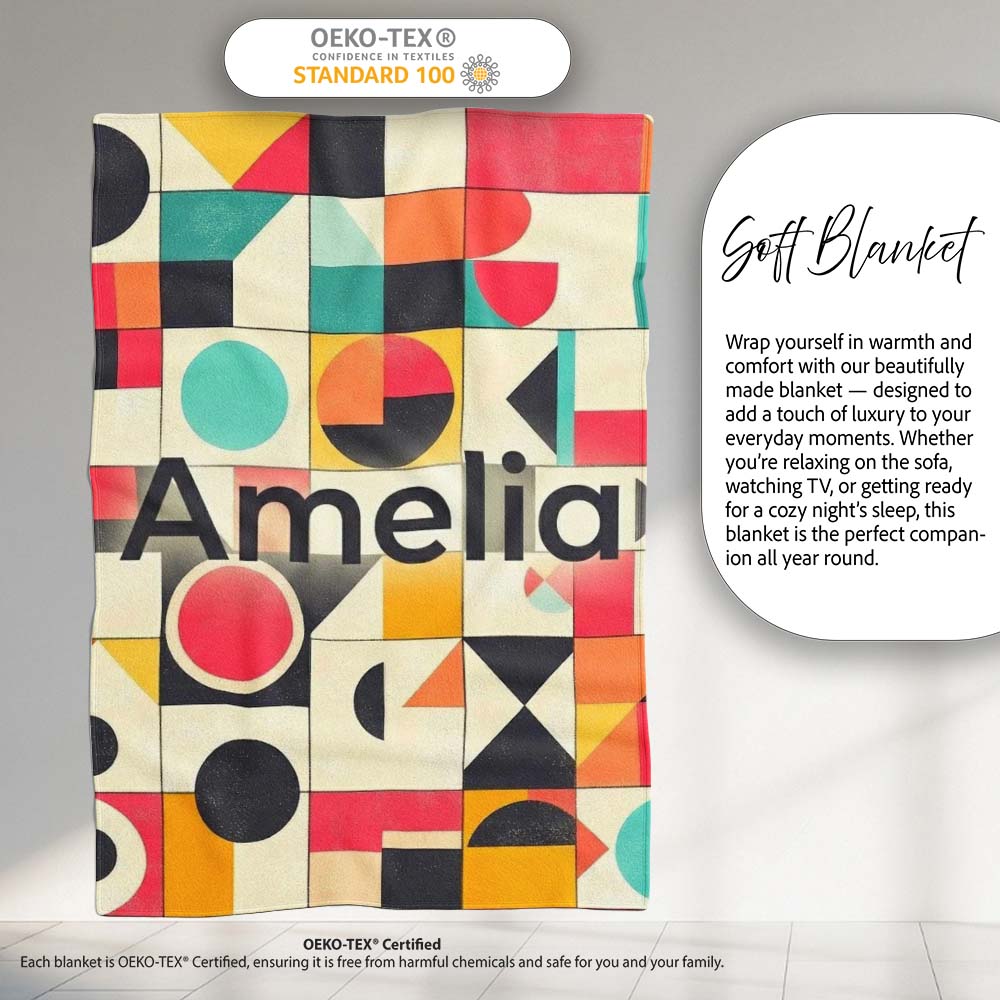 Abstract Bauhaus Geometric Color Block Grid Seamless Pattern Name  Personalised Custom Name Super Soft Fleece Blanket Bed Sofa Throw