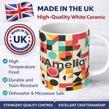 Personalized Custom Name Abstract Bauhaus Geometric Color Block Grid Seamless Pattern Name 11oz Ceramic Coffee Tea Mug White Large Handle