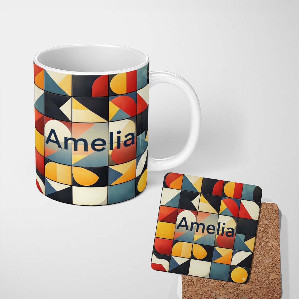 Personalized Custom Name Abstract Bold Geometric Shapes Mid Century Modern Seamless Pattern 11oz Ceramic Coffee Tea Mug White Large Handle