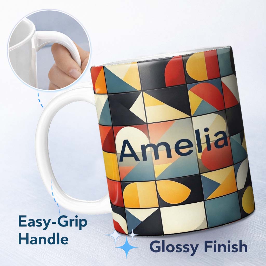 Personalized Custom Name Abstract Bold Geometric Shapes Mid Century Modern Seamless Pattern 11oz Ceramic Coffee Tea Mug White Large Handle
