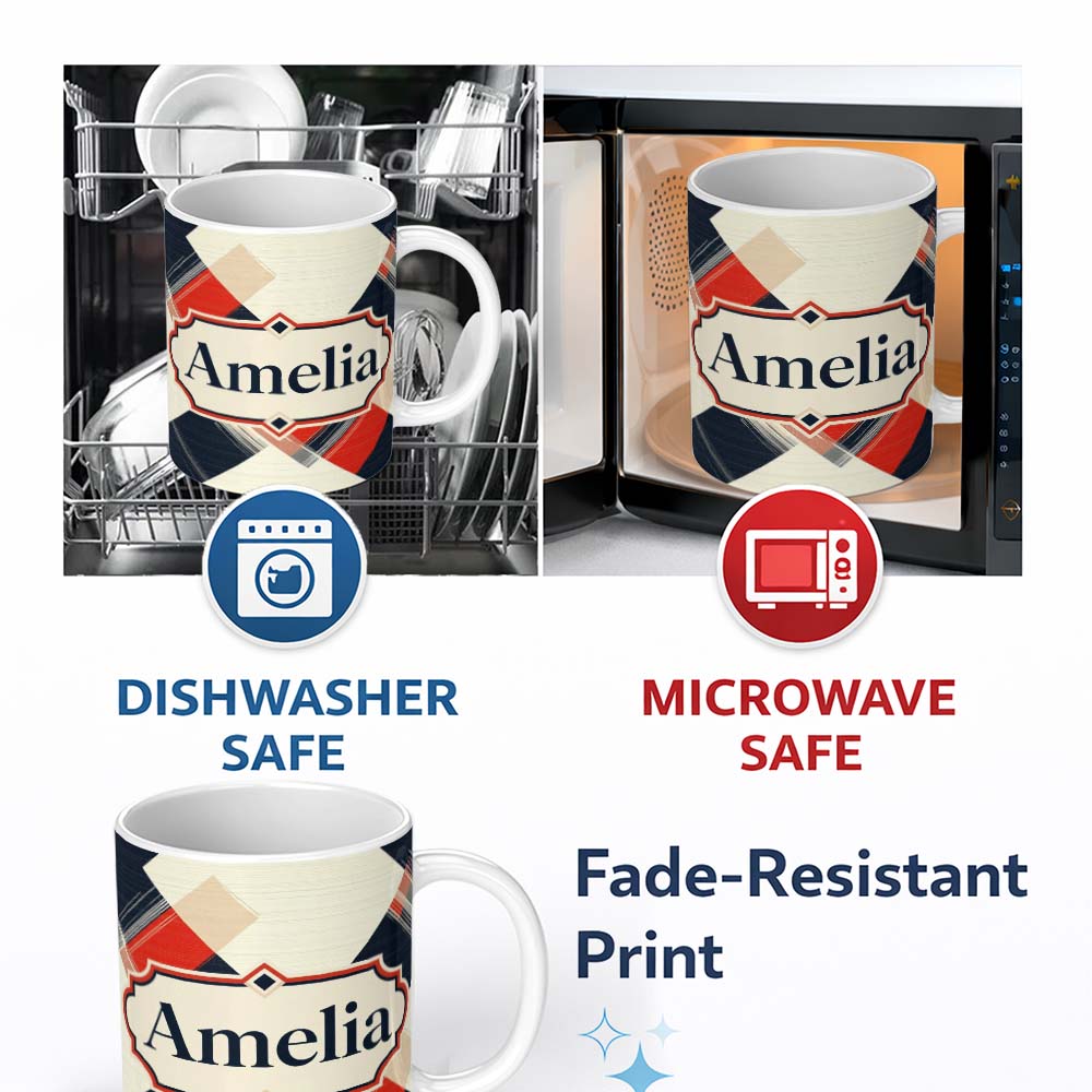 Personalized Custom Name Abstract Inspired Patchwork Stripes Modern Seamless Pattern Name 11oz Ceramic Coffee Tea Mug White Large Handle