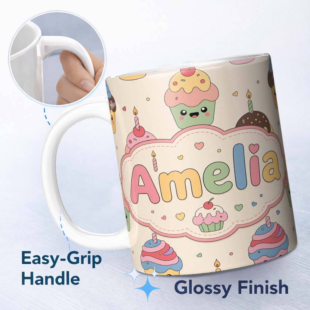 Personalized Custom Name CuteKawaii Birthday Cupcakes Cherry Candle Pastel Sweet Treats 11oz Ceramic Coffee Tea Mug White Large Handle