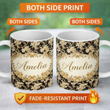Personalized Custom Name Ivory Gold Damask Seamless Pattern Classic Elegant Ornamental Lovely 11oz Ceramic Coffee Tea Mug White Large Handle