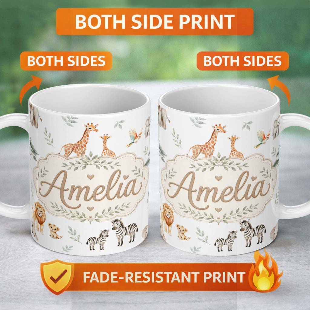 Personalized Custom Name Cute Safari Animals Giraffe Lion Zebra Parrot Pattern Light Grey 11oz Ceramic Coffee Tea Mug White Large Handle