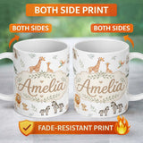 Personalized Custom Name Cute Safari Animals Giraffe Lion Zebra Parrot Pattern Light Grey 11oz Ceramic Coffee Tea Mug White Large Handle